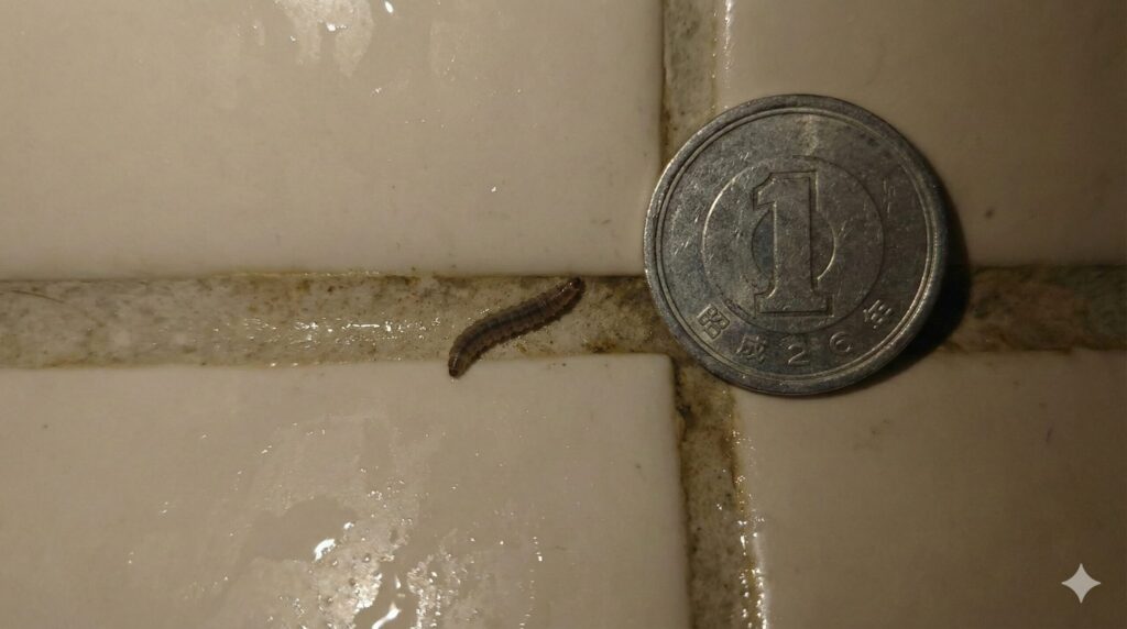 湿ったタイルの目地にいるチョウバエの幼虫の拡大写真。大きさ比較のために日本の1円玉が横に置かれている。

