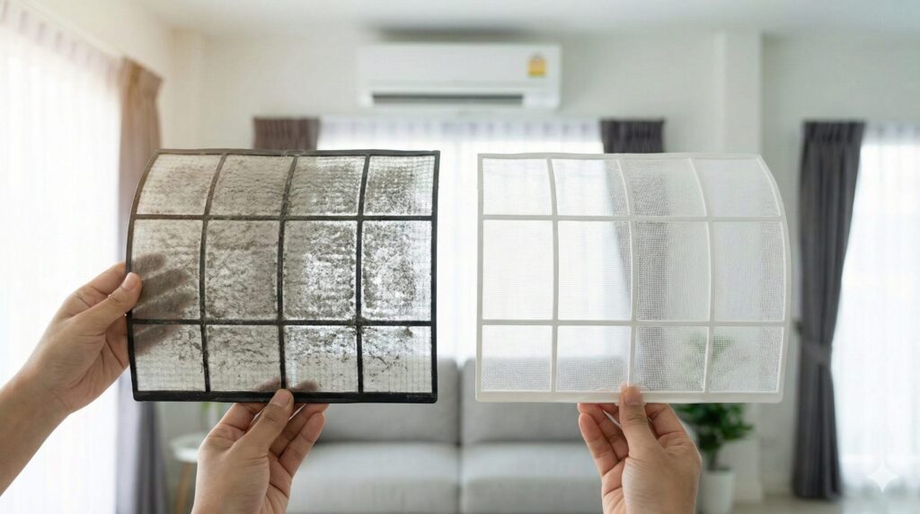 ホコリで詰まった汚れたエアコンフィルターと掃除済みのきれいなフィルターの比較写真

