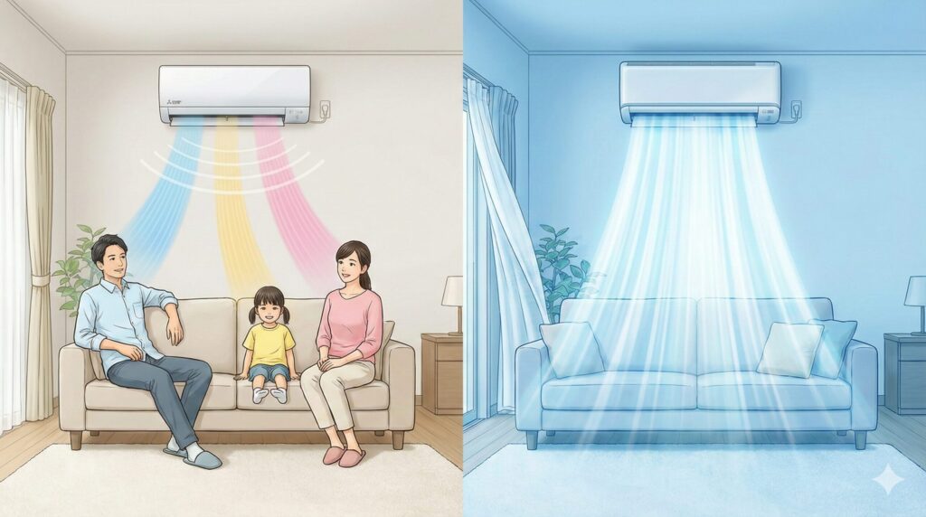 左側は三菱電機の霧ヶ峰エアコンが家族一人ひとりを感知し、それぞれの快適な温度に合わせて異なる色の柔らかな風を送っている様子。右側は三菱重工のビーバーエアコンがジェットエンジンのような強力なファンから部屋全体に一気に太い気流を送り出し、即効で空間を冷やしている様子の比較イラスト。