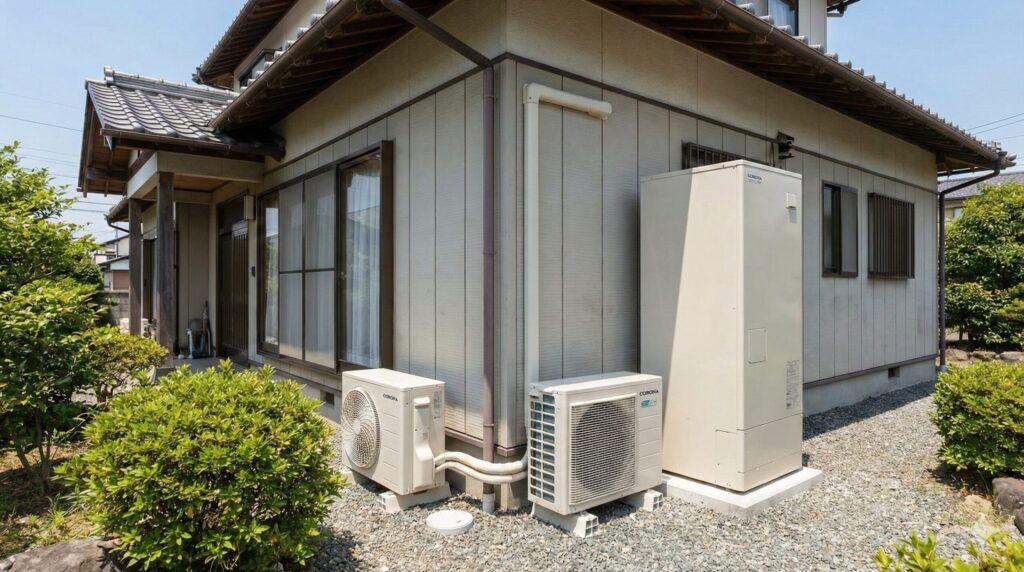 日本の戸建て住宅の庭に設置されたコロナ製エコキュートの貯湯タンクとヒートポンプユニットの様子。