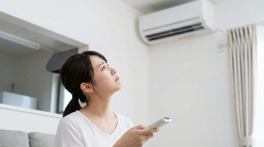リビングの壁掛けエアコンを見上げ、運転音に困惑した表情を浮かべる日本人女性。手にはリモコンを持っている。