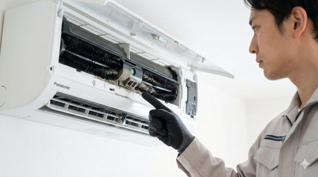 エアコン内部のお掃除ロボットのノズル周辺にホコリが溜まっている様子を指差す専門家