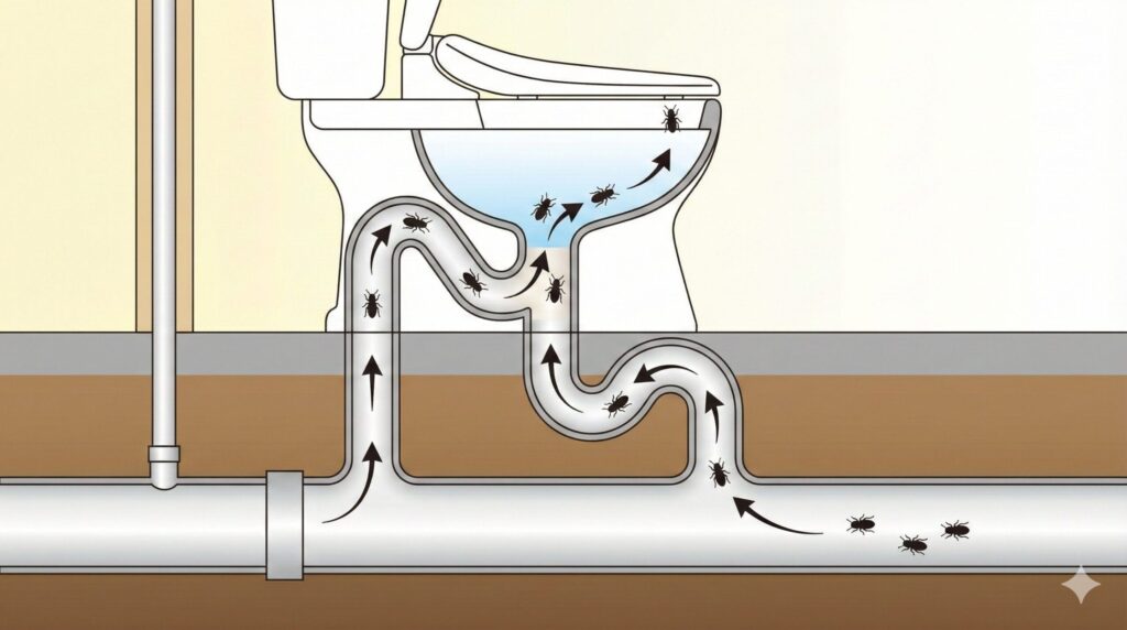 トイレの排水トラップの封水が切れて、下水管から虫が便器内に侵入してくる様子を示した断面図イラスト。