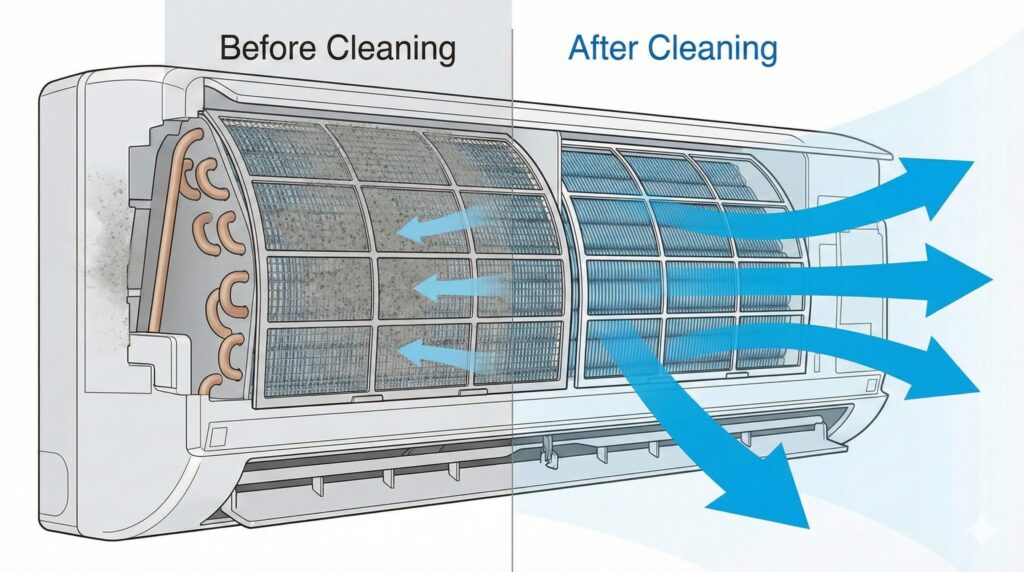エアコンフィルター掃除前後の空気の流れを比較したイラスト図解
