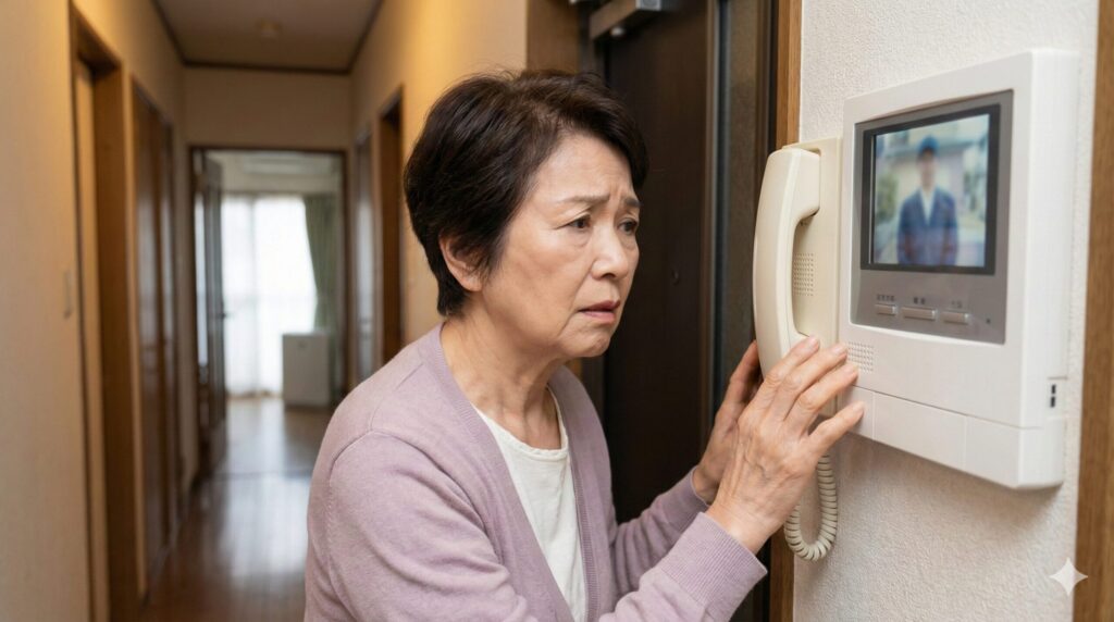突然の給湯器点検の訪問に戸惑い、インターホン越しに慎重に対応する日本の高齢女性の様子。