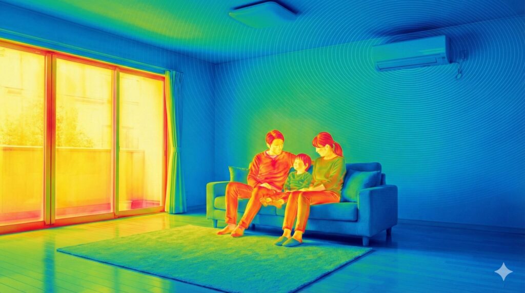 リビングルーム全体をサーモグラフィーで捉えた画像。ソファに座るアジア系家族の体温、壁や床の表面温度、窓からの熱などが赤、黄、青の異なる色で詳細に可視化されており、霧ヶ峰のムーブアイセンサーが空間と人を立体的に検知している様子を表現。