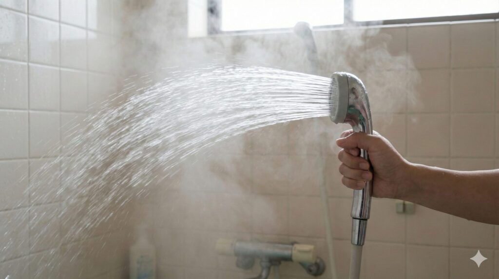 高圧力パワフル給湯モデルのエコキュートから勢いよくお湯が出るシャワーの様子。