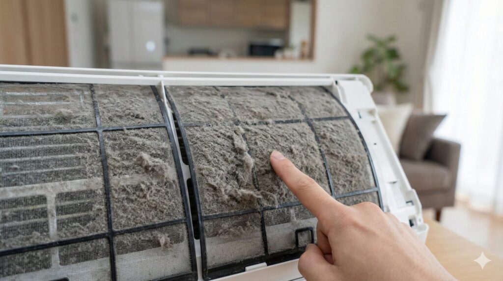 エアコン室内機から取り外された、ホコリがびっしりと付着して目詰まりしたエアフィルターを指差す手。