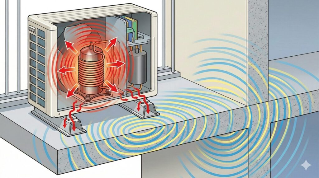 エアコン室外機の断面イラスト。内部のコンプレッサーが発生させる強力な振動が、台座を通じてベランダのコンクリート床全体に伝わっていくメカニズム図解。