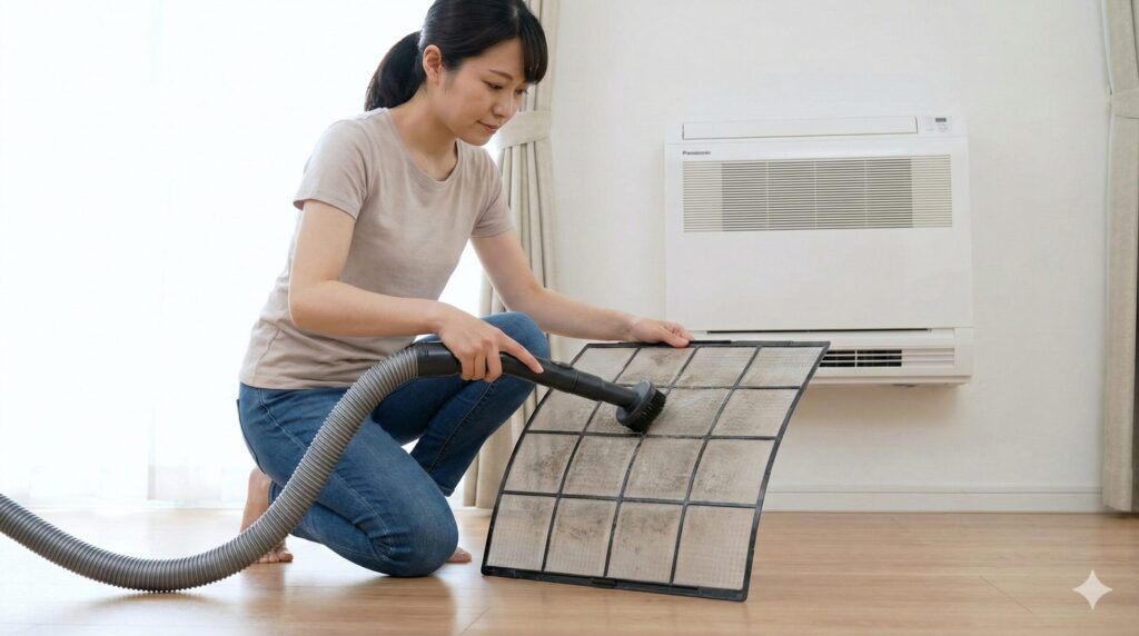 取り外したエアコンフィルターのホコリを掃除機で吸い取って自分で手入れする女性
