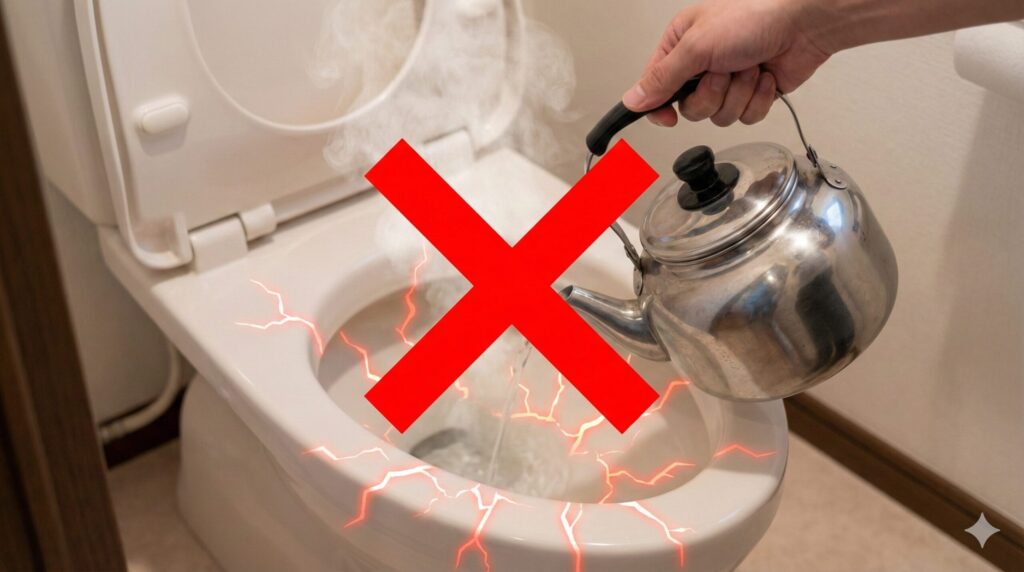 トイレの便器にやかんから熱湯を注ごうとしている様子に、禁止を示す赤いバツ印と便器がひび割れる視覚効果を重ねた警告画像。