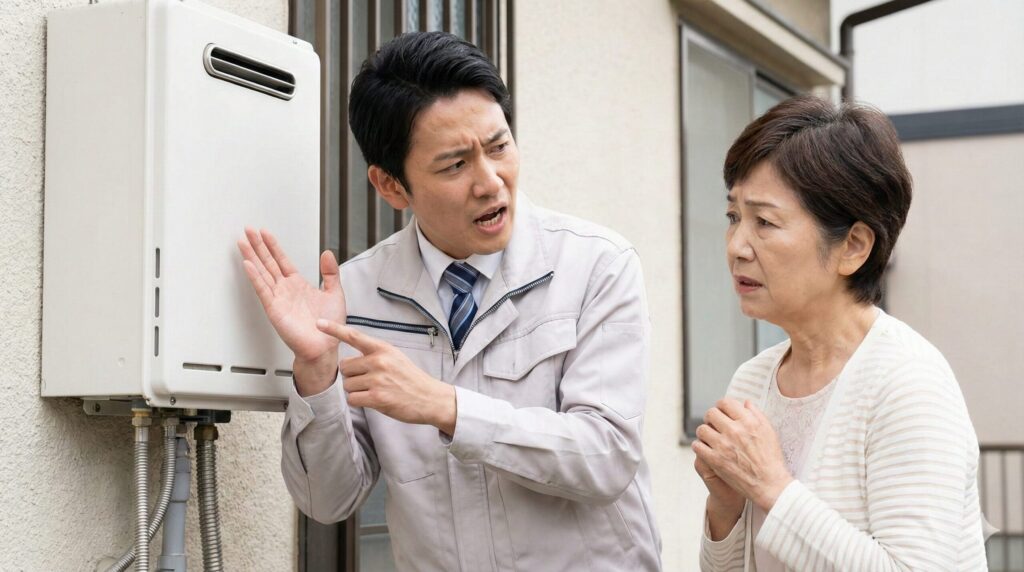 屋外の給湯器の前で、大げさな身振り手振りで故障の危険性を訴え、住人の不安を煽る悪徳業者のイメージ。