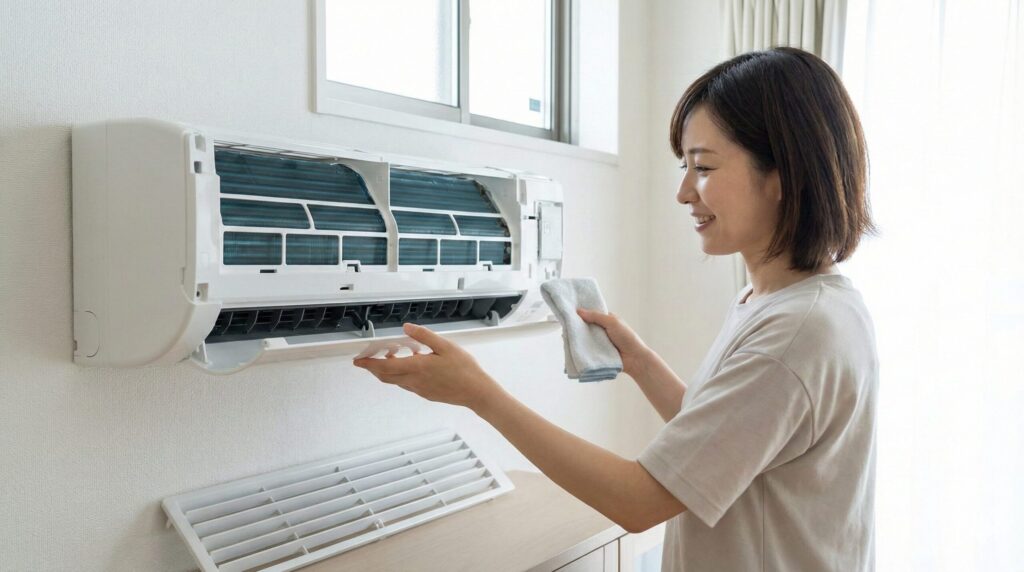 アジア系女性が特別な工具を使わずに、三菱電機霧ヶ峰エアコンの前面パネルとルーバーを手で簡単に取り外している写真。内部のファンや通風路が露出し、自分の手で奥まで拭き掃除が可能な構造であることを示している。