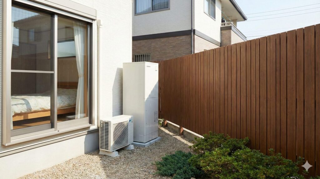 隣家との間に十分な距離と目隠しフェンスを設置し、騒音トラブルに配慮したエコキュートの設置例。