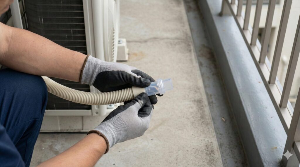 マンションのベランダで、エアコンのドレンホースの先端に透明な逆止弁(エアカットバルブ)を取り付けている様子。