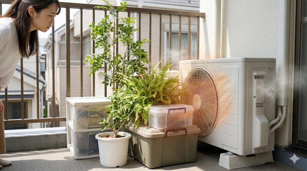 マンションのベランダで、エアコン室外機の排気口の前に植木鉢や収納ボックスなどの物が置かれ、排気が遮られている様子。ショートサーキット現象による負荷増大を視覚化。