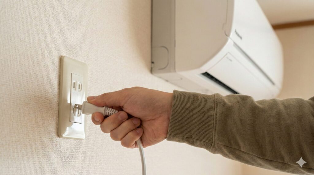 エアコンのエラーをリセットするためにコンセントから電源プラグを抜く手元の様子