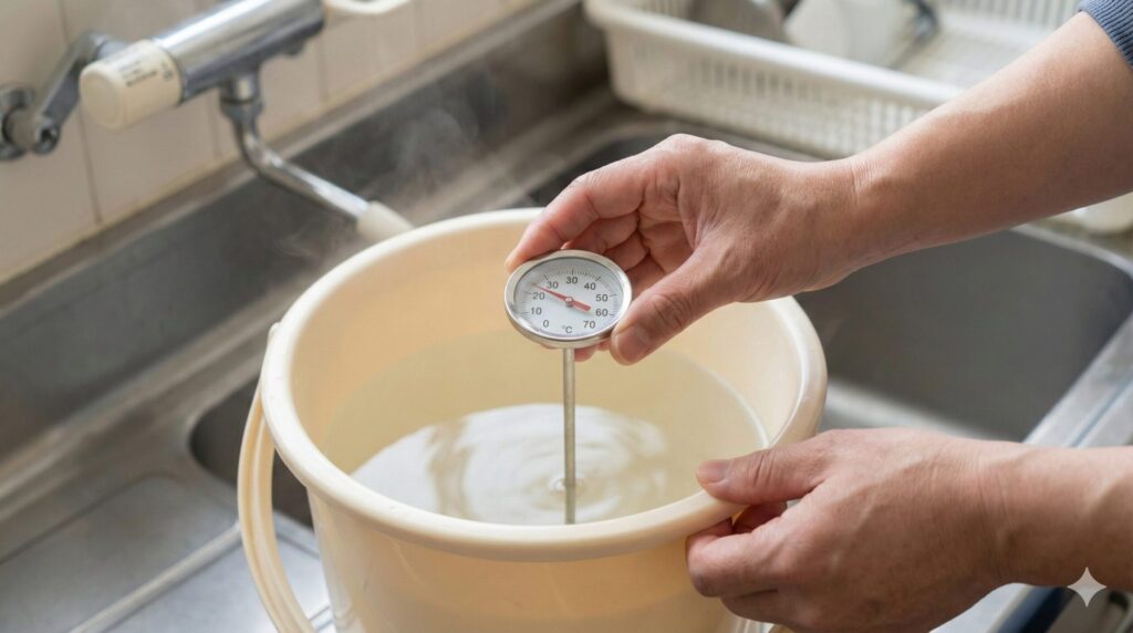 バケツに入ったお湯の温度を調理用温度計で測っている様子。温度計は約50度を指しており、安全な温度設定であることを示している。