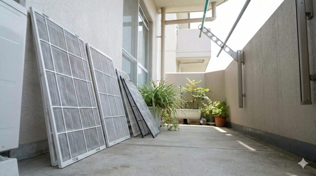 風通しの良い日陰のベランダで乾燥中のエアコンフィルター