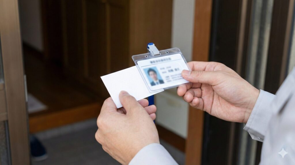 訪問業者の身分を証明するために、提示された名刺や資格証の内容を冷静に確認する日本人の住人の手元。