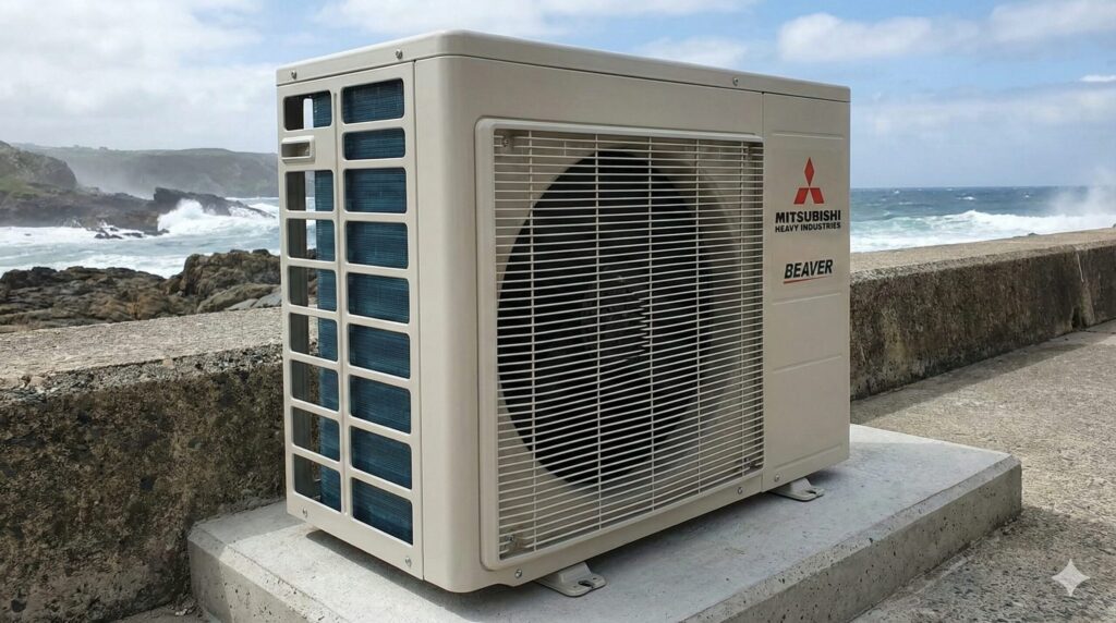海沿いの少し厳しい環境に設置された、三菱重工ビーバーエアコンの室外機のクローズアップ写真。塩害による錆びが見られず、頑丈な金属製の筐体が耐久性の高さを物語っている。