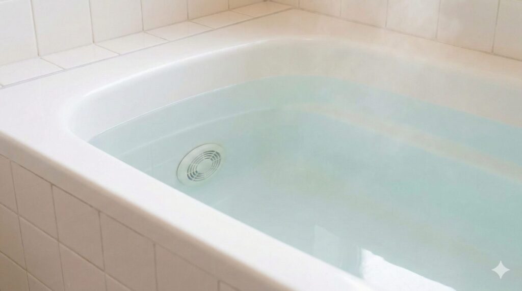 エコキュートの凍結予防のため、浴槽の循環アダプターが水没する位置まで残り湯をためている様子。