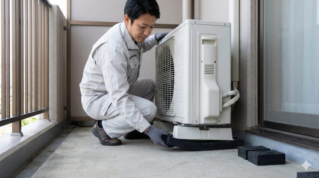 ベランダに設置されたエアコン室外機の脚の下に、振動を吸収するための黒い防振ゴムパッドを敷き込んでいる様子。