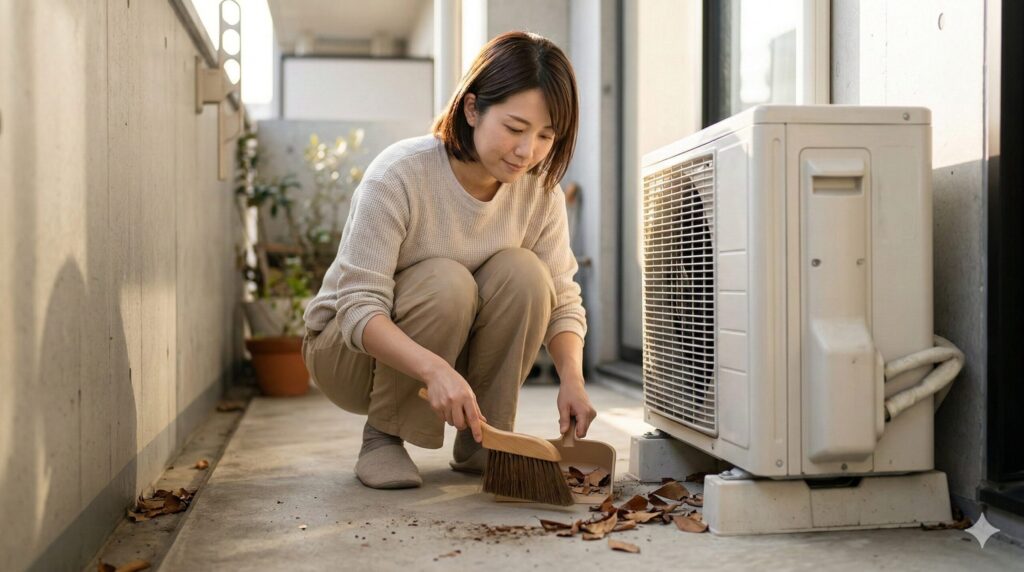 マンションのベランダで、日本人女性が室外機の周辺にある落ち葉やゴミをほうきとちりとりで清掃している様子。空気の通り道を確保する重要性を表現。