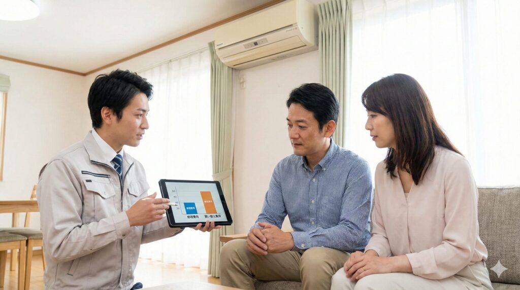 エアコンの修理費用や買い替えの目安についてタブレットを見せながら夫婦に説明する専門業者