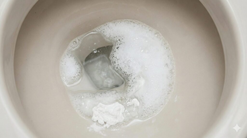 トイレの便器内の水たまり部分で、重曹とクエン酸が反応して白い泡が激しく発生している様子のクローズアップ写真。