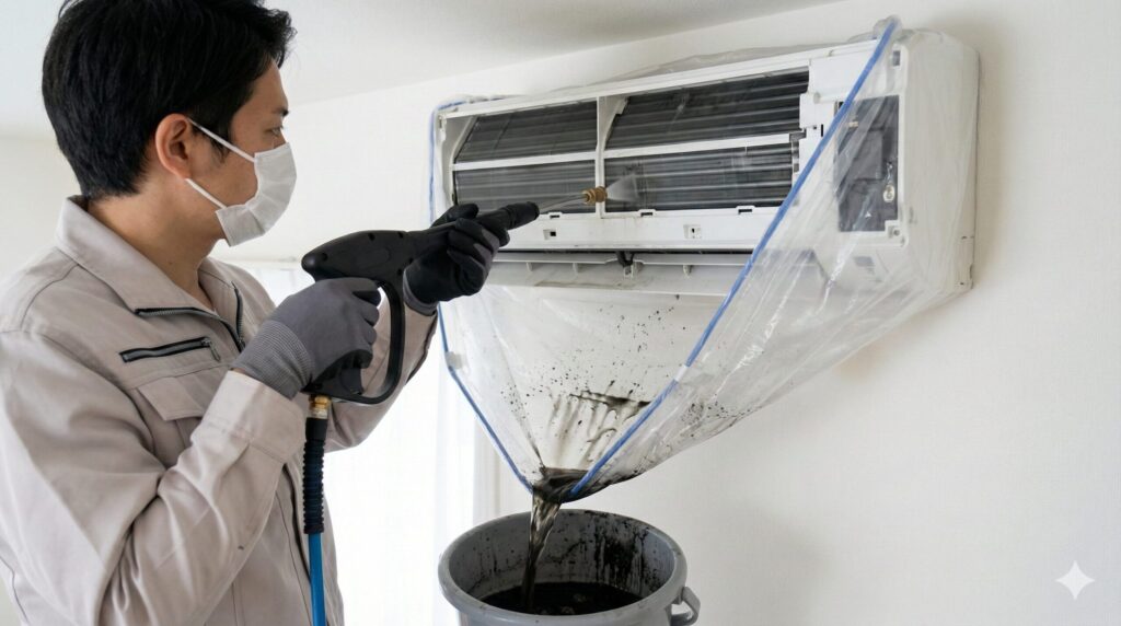  専門業者によるエアコン内部の高圧洗浄と排出される汚水

