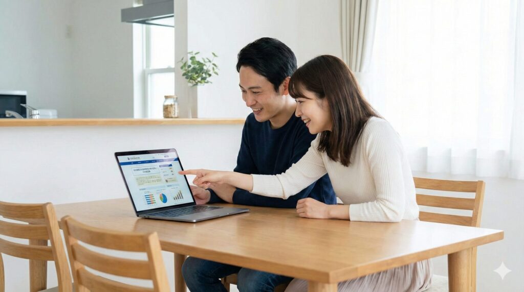 パソコンで給湯省エネ事業などの補助金制度について調べている日本の夫婦の様子。