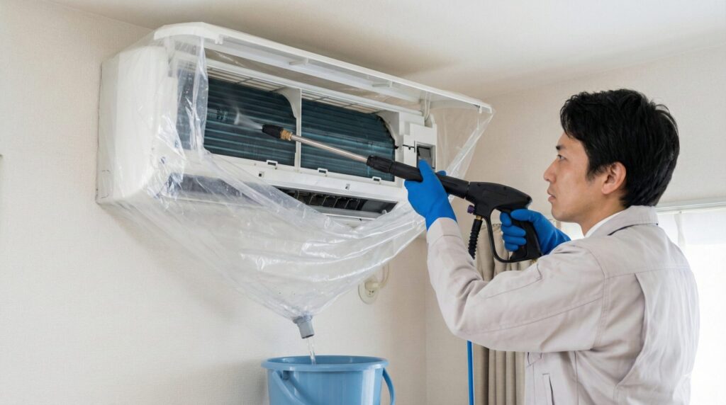 エアコンクリーニングの専門業者が、専用のカバーで養生された室内機の内部を、高圧洗浄機を使って洗浄している様子。