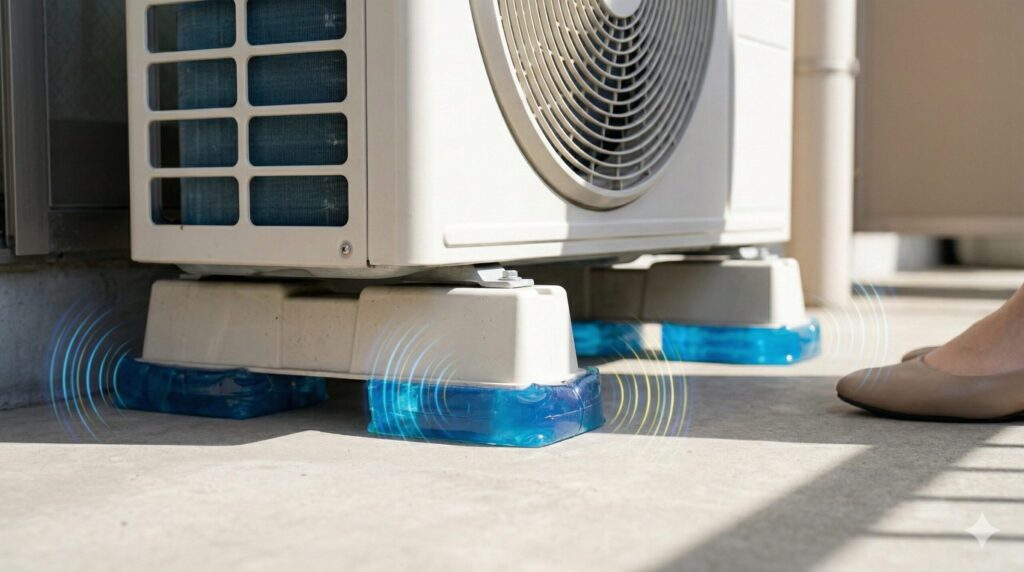 マンションのベランダ。エアコン室外機の脚の下に設置された、振動を吸収する産業用ゲルダンパー(防振ゲル)の様子。床への振動伝達を劇的に和らげる仕組みを表現。