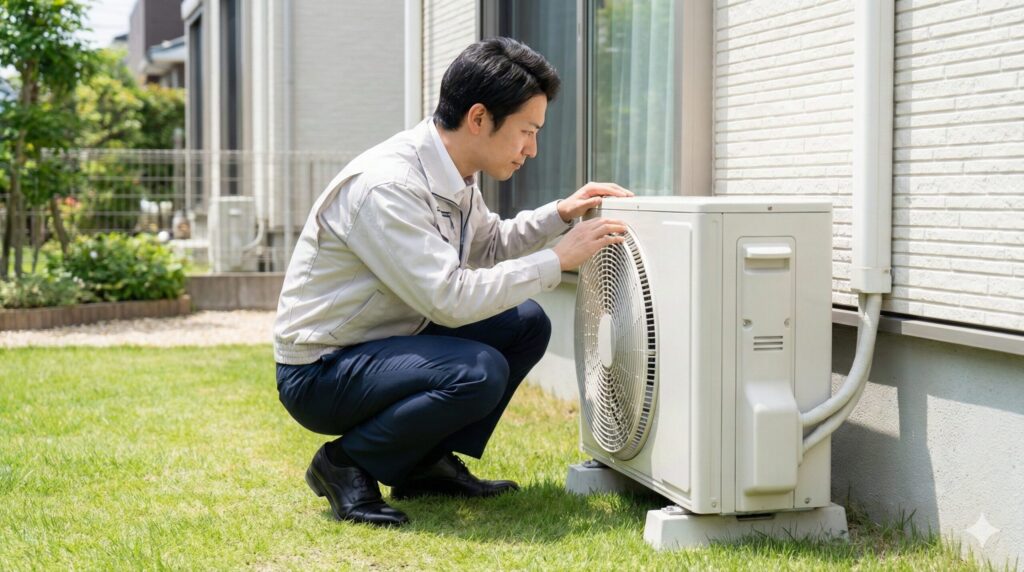 周囲が片付いて風通しの良いエアコン室外機を点検する様子