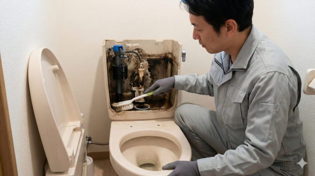  作業着を着た男性が、トイレのタンクのフタを外して内部の汚れをブラシで掃除している様子の写真。タンク内にはカビや汚れが付着しているのが見える。