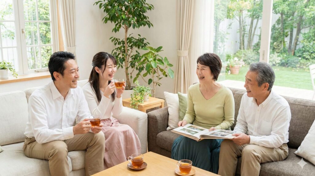 適切な対策を知ることで詐欺被害を防ぎ、自宅で安心して笑顔で過ごす日本の家族の風景。