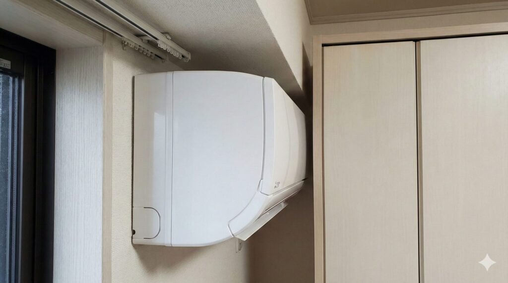 リビングの壁に取り付けられた高性能な霧ヶ峰エアコンの側面写真。カーテンレールや家具との隙間が少なく、本体が壁から前方に大きく厚みを持ってせり出しており、設置スペースの圧迫感と存在感を強調している。