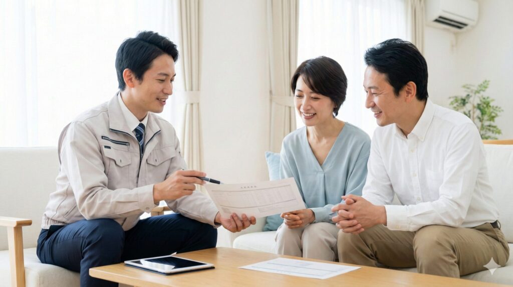 信頼できる施工業者からエコキュート導入の見積もり説明を受けている日本の夫婦の様子。