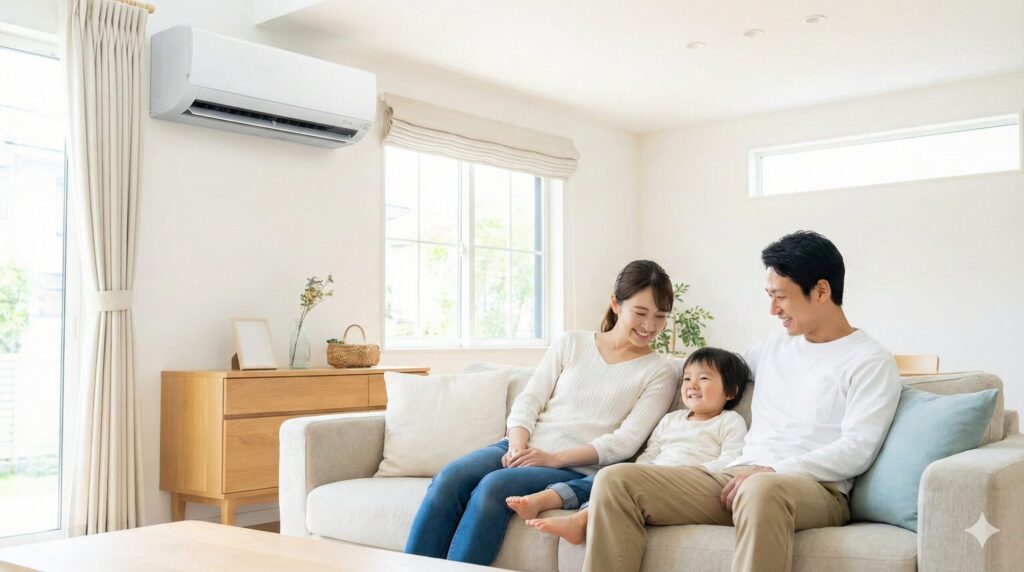 新しいエアコンが設置された明るいリビングルームで、快適そうにソファでくつろぐ日本人家族3人の様子。