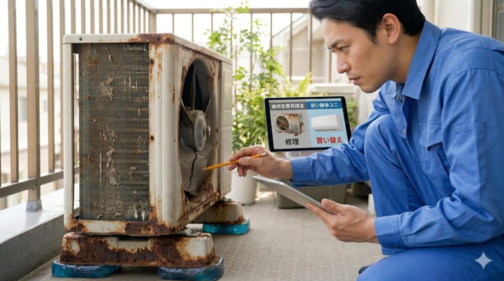 マンションのベランダ。日本人エアコン業者が、10年以上使用され錆びて古くなった室外機を点検し、修理か買い替えかを判断している様子。経済的な判断基準を表現。