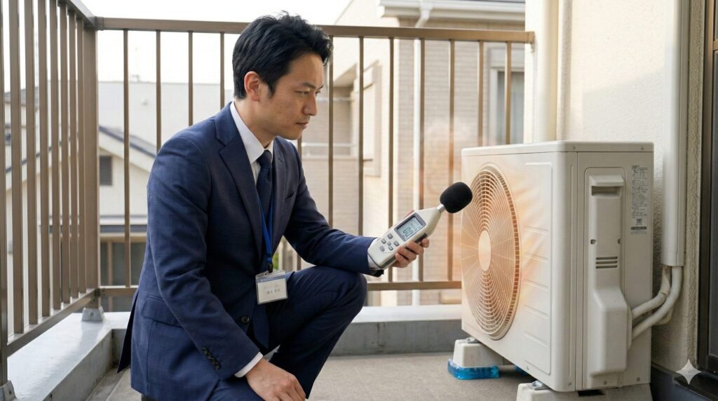 マンションのベランダ。日本人環境計量士が、稼働中の室外機に向けて騒音計(測定機器)を手に持ち、慎重に音圧レベルを測定している様子。客観的なエビデンス取得を表現。