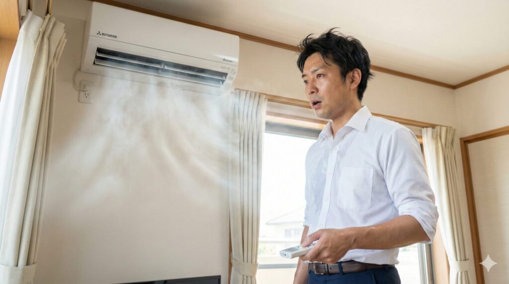 猛暑の日に帰宅したばかりで汗をかいたアジア系男性が、リビングでビーバーエアコンのワープ運転を作動させた直後、強力で冷たい強風を全身に浴びて驚きつつも心地よさそうな表情を浮かべている写真。