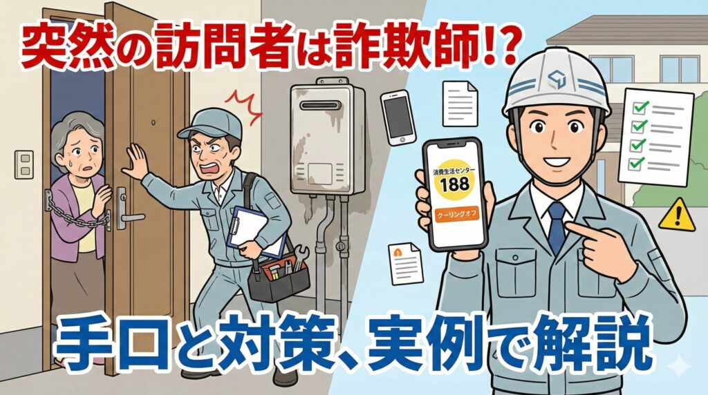 アイキャッチ画像（【実例あり】給湯器点検の怖い話！詐欺業者の功名な手口と対策方法）