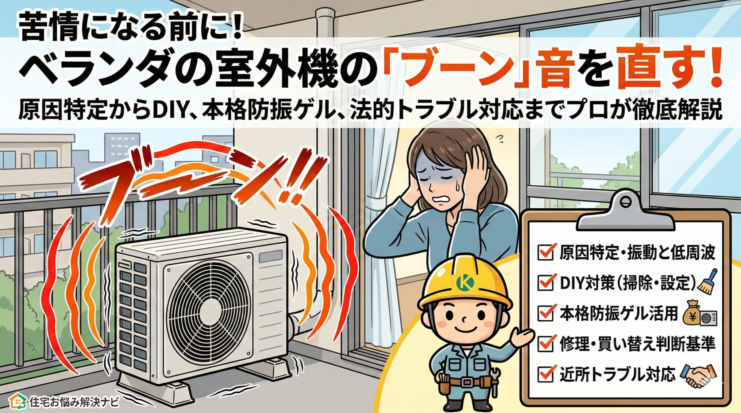 アイキャッチ画像(ベランダのエアコン室外機から響く「ブーン」という音の原因と解決法)
