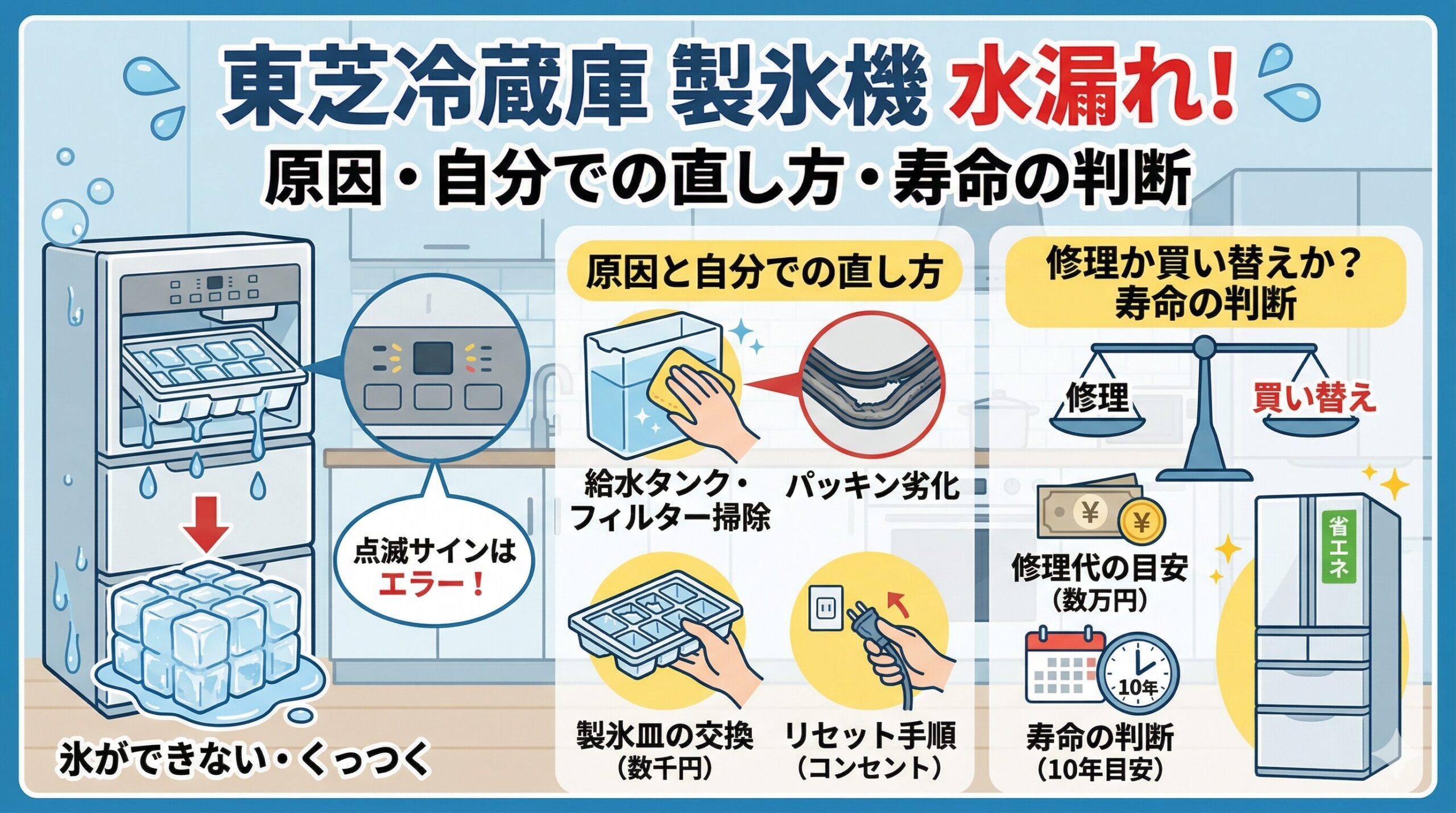 東芝冷蔵庫の製氷機が水漏れ？原因と自分で直す方法・修理代の目安 