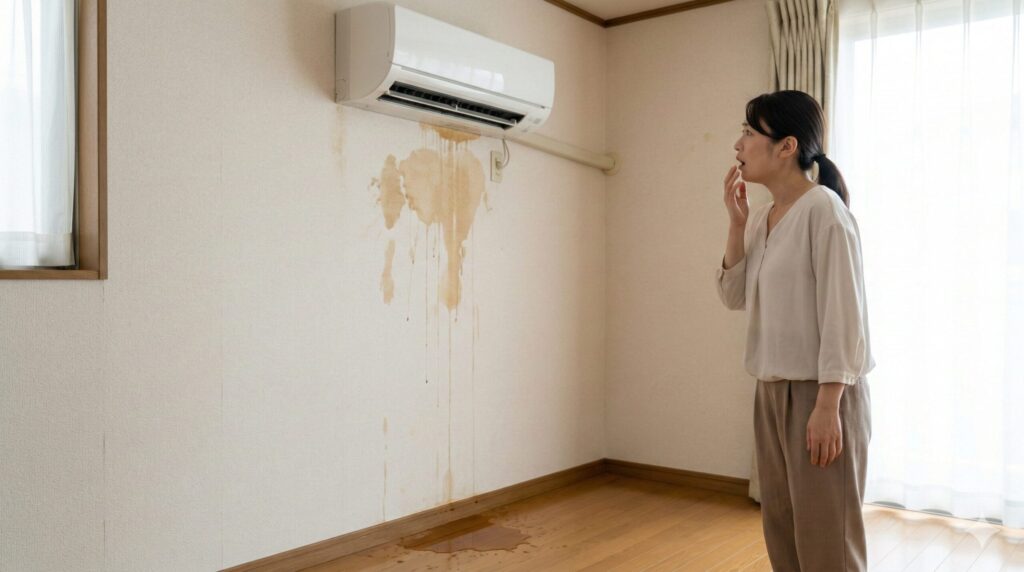 エアコンから茶色い液体が漏れ、壁紙が汚れているのを不安そうに見上げる日本人の住人の様子。エアコンの水漏れトラブルの様子。