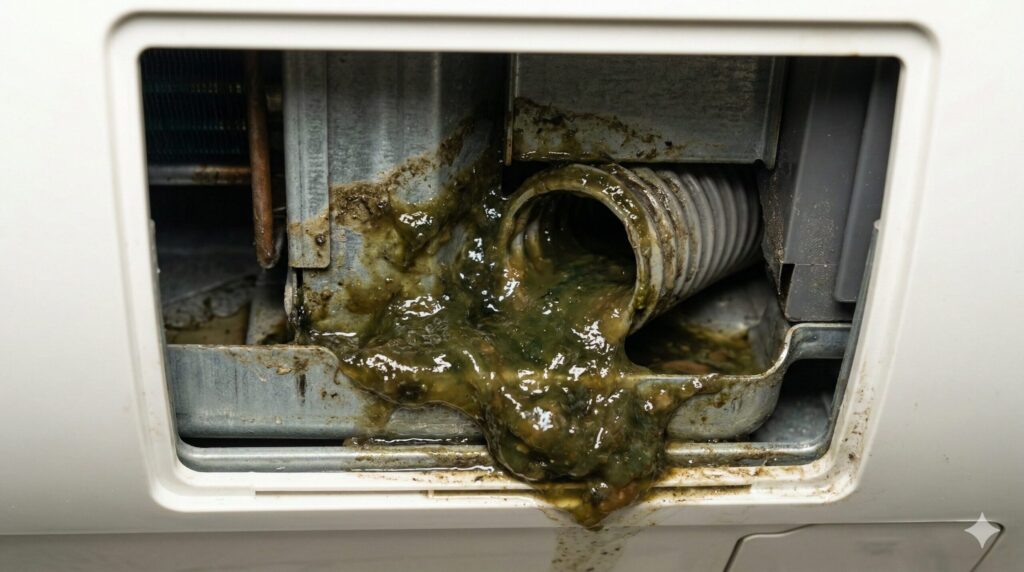 エアコン室内機内部のドレンパン付近に詰まった、カビとホコリによるゼリー状のスライム。