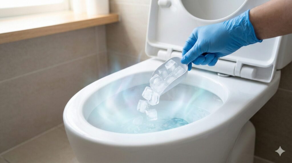 トイレの便器に氷(設備のプロ推奨の量)を入れ、水温を下げて雑菌の繁殖を抑える(静菌作用)のイメージ。