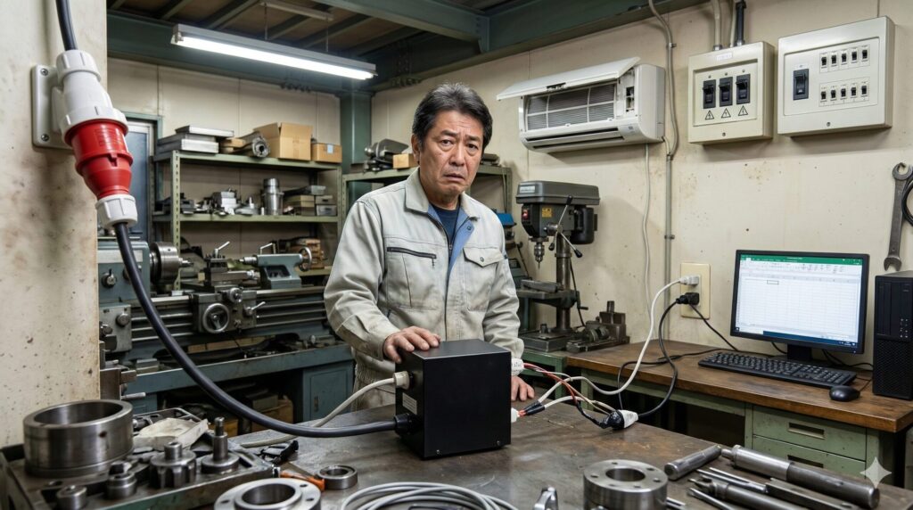 低圧電力(動力契約)の三相コンセントからトランスを使って単相機器を動かそうとする様子(契約違反の例)